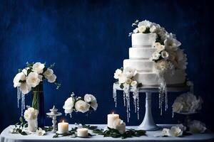 ai generiert ein Hochzeit Kuchen mit Weiß Blumen und Kerzen foto