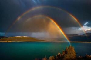 ai generiert ein doppelt Regenbogen Über See Tekapo, Neu Neuseeland foto