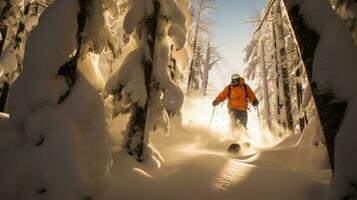 ai generiert ein Snowboarder navigieren durch ein Wald von schneebedeckt Bäume foto