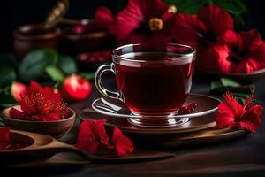 ai generiert rot Tee mit Hibiskus Blumen auf ein dunkel Hintergrund foto