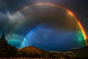 ai generiert ein Regenbogen erscheint Über ein Berg Angebot mit Bäume und Gras foto