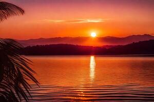 ai generiert das Sonne setzt Über ein See mit Palme Bäume foto