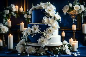 ai generiert ein Blau und Weiß Hochzeit Kuchen mit Weiß Blumen foto