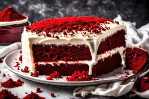 ai generiert ein Stück von rot Samt Kuchen auf ein Teller foto