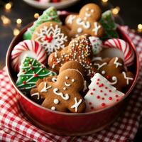 ai generiert Tablett gefüllt mit frisch gebacken Kekse im gestalten von Weihnachten Bäume, Lebkuchen Männer, und Süßigkeiten Stöcke foto