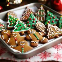 ai generiert Tablett gefüllt mit frisch gebacken Kekse im gestalten von Weihnachten Bäume, Lebkuchen Männer, und Süßigkeiten Stöcke foto