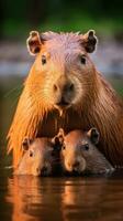 ai generiert ein bezaubernd Foto von ein Mutter Capybara mit ihr Babys, das liebend Bindung zwischen diese Tiere