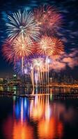 ai generiert wie das Uhr Streiks Mitternacht, Feuerwerk erleuchten das Nacht Himmel, Gemälde es mit platzt von Farbe foto