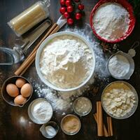 ai generiert Backen Lieferungen, Mehl, Zucker, Plätzchen schneider, und ein rollen Stift, zum das Weihnachten Backen Geist. foto