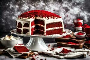 ai generiert ein rot Samt Kuchen mit ein Scheibe genommen aus foto