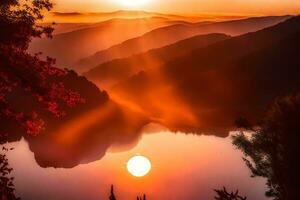 ai generiert Sonnenuntergang Über das Berge, mit ein See und Bäume foto