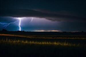 ai generiert ein Blitz Bolzen Streiks Über ein Feld beim Nacht foto