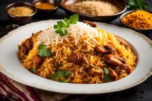 ai generiert indisch Biryani - - ein traditionell Gericht von Reis und Fleisch foto