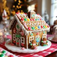 ai generiert schön dekoriert Lebkuchen Haus, Komplett mit Süßigkeiten Stöcke foto