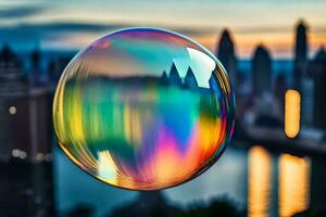 ai generiert ein Regenbogen farbig Seife Blase im Vorderseite von ein Stadt Horizont foto