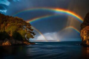 ai generiert ein Regenbogen Über das Ozean mit Bäume und Felsen foto