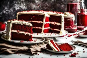 ai generiert ein Scheibe von rot Samt Kuchen auf ein Teller foto