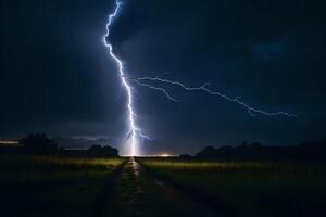 ai generiert ein Blitz Bolzen ist gesehen im das Himmel Über ein Feld foto