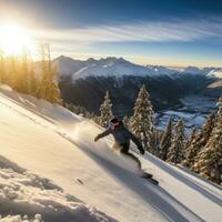 ai generiert ein Snowboarder durchführen ein stilvoll greifen Trick während Reiten Nieder ein Berg foto