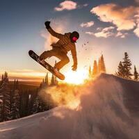 ai generiert ein Snowboarder durchführen ein Backflip auf ein groß springen, mit das Sonne Rahmen hinter Sie foto