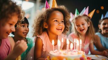 ai generiert ein jung Mädchen weht aus Kerzen auf ein Kuchen umgeben durch ihr freunde foto