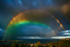 ai generiert ein Regenbogen ist gesehen Über das Ozean und Bäume foto