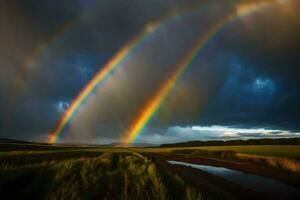 ai generiert zwei doppelt Regenbögen Über ein Feld foto