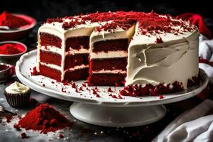 ai generiert ein rot Samt Kuchen mit ein Scheibe genommen aus foto