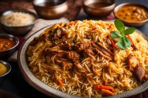 ai generiert indisch Biryani - - ein traditionell Gericht von Reis und Fleisch foto