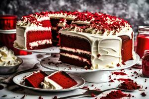 ai generiert rot Samt Kuchen mit Weiß Glasur und rot Sträusel foto