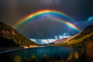 ai generiert ein Regenbogen Über ein See und Berge foto