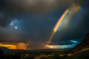 ai generiert ein Regenbogen erscheint Über ein Berg Angebot mit ein Sturm im das Hintergrund foto