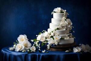 ai generiert ein Hochzeit Kuchen mit Weiß Blumen auf ein Blau Tabelle foto