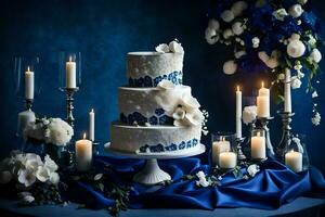 ai generiert ein Hochzeit Kuchen mit Blau und Weiß Blumen foto