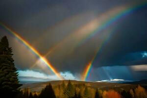 ai generiert ein Regenbogen Über ein Berg Angebot mit Bäume und Bäume foto