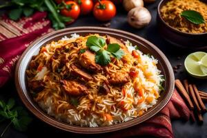 ai generiert indisch Hähnchen Biryani mit Reis und Gemüse foto