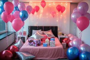 ai generiert Geburtstag Dekoration mit Farbe Luftballons ein Geschenk Kisten im ein Zimmer Konzept, ai generiert foto