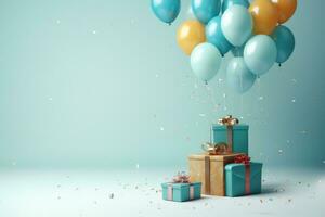 ai generiert Farbe Luftballons ein Geschenk Kisten zum Geburtstag Dekoration, ai generiert foto