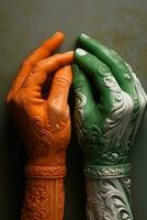 ai generiert zwei Hände, einer halten ein Paar von Hände gemalt im Grün und das andere halten ein Paar von Hände gemalt im orange. diese Hände vertreten das Flaggen von anders Länder, symbolisieren Einheit und Harmonie zwischen verschiedene Nationalitäten. foto