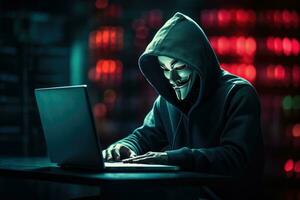ai generiert ein Hacker tragen anonym Maske und hacken Stk. ai generiert foto