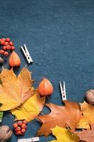 Flache Herbstorangenblätter und Physalis auf dunklem Hintergrund foto
