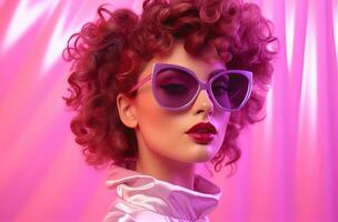 ai generiert jung glamourös Frau tragen Sonnenbrille hinter Rosa Licht jung Frau foto