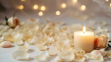 ai generiert Hochzeit Hintergrund, Kerzen, zart Dekor, und Raum zum voller Liebe Erklärungen foto