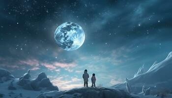 ai generiert zwei Kinder Stehen im das Schnee Aufpassen das Mond von das Cliff foto