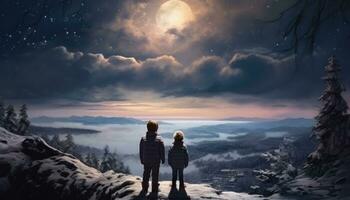 ai generiert zwei Kinder Stehen im das Schnee Aufpassen das Mond von das Cliff foto