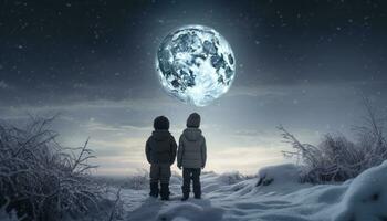 ai generiert zwei jung Jungs Stand im das Schnee mit Blick auf ein Weiß Mond foto