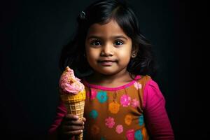 ai generiert ein jung Mädchen genießen ein kalt, Rosa Eis Sahne behandeln auf ein dunkel Hintergrund. foto