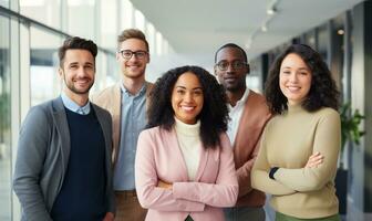 ai generiert Mannschaft Mitglieder Stehen auf ein modern Büro Fußboden foto