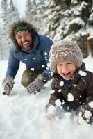 ai generiert Papa und Sohn genießen ein schneebedeckt Tag, spielerisch Schneeball Kämpfe foto