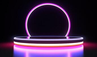 ai generiert runden kreisförmig Neon- Globus und Weiß Base auf ein dunkel Hintergrund Neon- foto